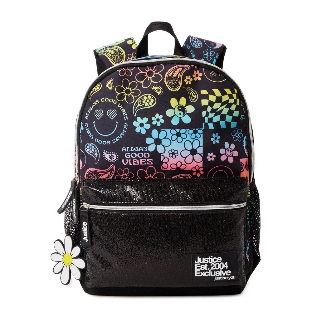Justice Girls 17" Laptop Backpack Good Vibes Black Multi-Color